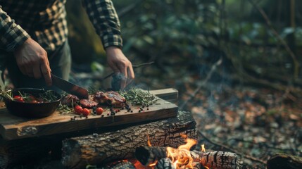 Fototapeta premium A man is cooking food over a fire in a forest