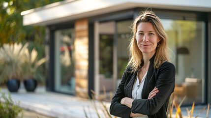 Confident European woman real estate agent stands proudly outside a modern home, radiating expertise and approachability, ready to assist potential house buyers