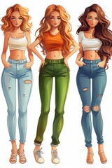 Sketch of a group of stylish young women, exuding modern beauty and fashion in casual denim attire