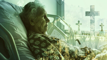 Terminally ill old grandmother patient on hospital bed , dying senior person portrait letting see a cemetery in background
