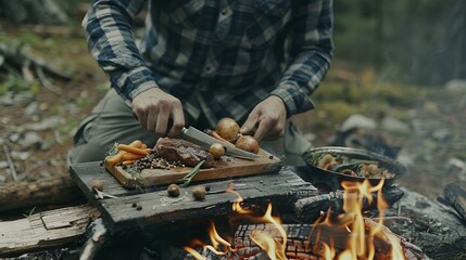 A man is cooking food over a fire in a forest - obrazy, fototapety, plakaty