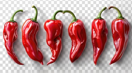 set collection of red hot chili peppers isolated over a transparent background spicy jalapenos whole and cut in half top and side view png,art image - obrazy, fototapety, plakaty