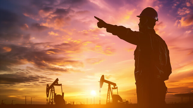A man pointing at a pump jack in the distance. The sky is orange and the sun is setting