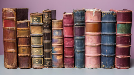Row of Old Books on Table - obrazy, fototapety, plakaty