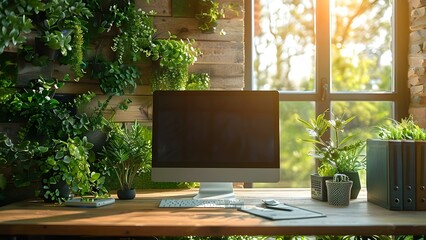 Home office with green plants for a calming productive work environment. Concept Home Office, Green Plants, Calming Environment, Productivity, Work from Home - obrazy, fototapety, plakaty