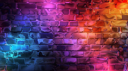 A colorful brick wall with neon lights shining on it. The wall is made of bricks and has a rainbow of colors - obrazy, fototapety, plakaty