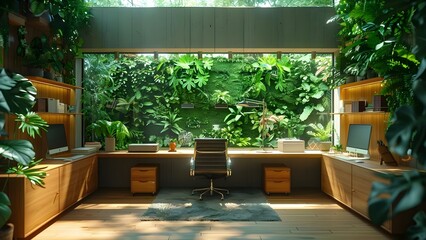 Creating a Calming and Productive Home Office with Green Plants. Concept Home Office Decor, Indoor Plants, Productivity Tips, Greenery Inspiration, Stress-Relief Decor