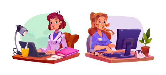 Obraz premium Female doctor and nurse working on computer isolated on white background. Vector cartoon illustration of medic providing telemedicine consultation online, staff keeping medical records on laptop