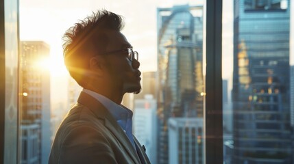 Against a dazzling city skyline the visionary designer gazes out a floortoceiling window their contemplative pose and thoughtful expression capturing their bold forwardthinking approach .