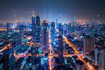 Fototapeta na wymiar Smart network and Connection technology concept with Bangkok city background at night in Thailand, Panorama view - generative ai