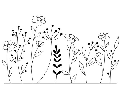 Hand-drawn wild flowers sketch set isolated on white background. Spring herbal design. Black Silhouettes Of Grass, Flowers And Herbs.