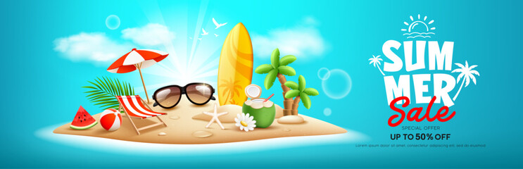 Summer Sale island beach, surfboard, pile of sand, coconut tree, watermelon, beach umbrella, beach chair, beach ball, coconut fruit, banner design, on cloud blue background, EPS 10 vector illustration