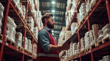 A warehouse employee in a high visibility vest uses a digital tablet to manage inventory in a large distribution center. AIG41