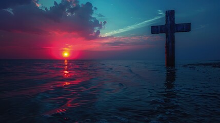 A minimalist of the cross against a calm ocean horizon at sunset, symbolizing hope and eternal peace. Empty space for quiet meditation. Religious background.