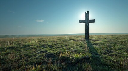 A simple depiction of the cross against a backdrop of rolling hills and a clear blue sky, conveying a feeling of tranquility and spiritual clarity. Religious background.