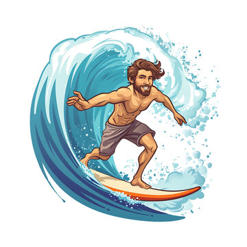 Illustrated male surfer with a beard rides a towering wave with skill and balance, embodying the surf lifestyle. Generative AI