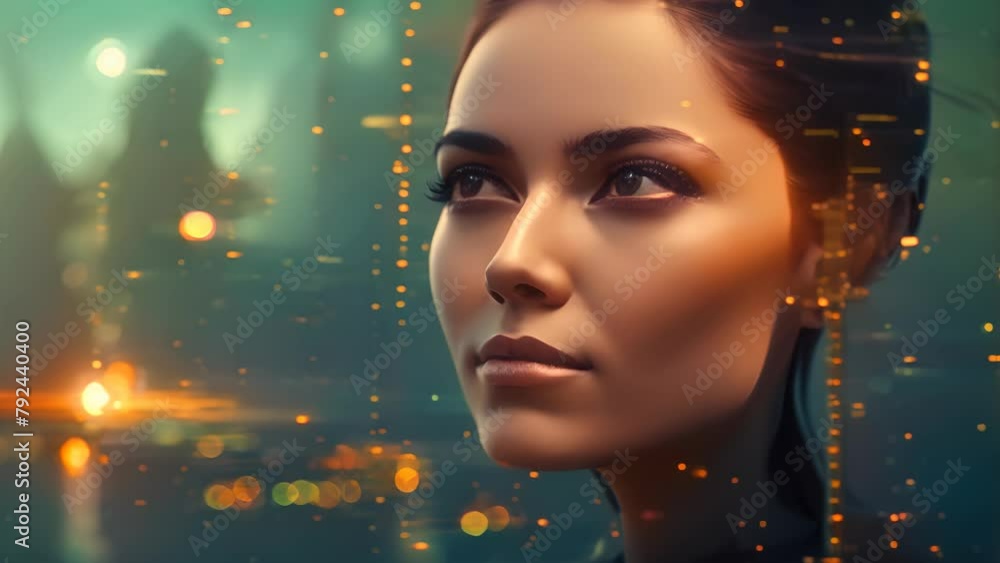 Poster a woman's face is shown in a computer generated image with a glowing yellow eye. the image is set in