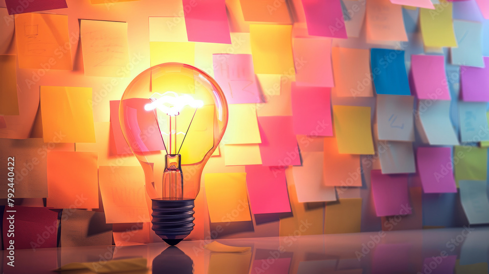 Aufkleber a light bulb is lit up in front colorful sticky notes, brainstorming and solution idea concept.