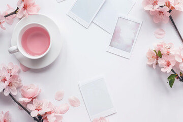 Flat lay photography, top view of pink  flowers and petals around a cup with tea on a white background with white photo frames. The arrangement is in the style of a still life. 