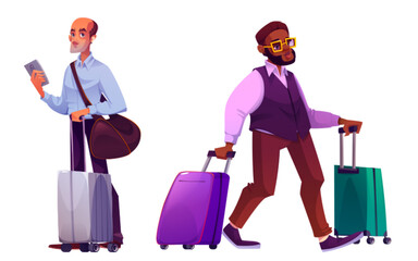 Businessman with baggage set isolated on white background. Vector cartoon illustration of man in business suit with smartphone and suitcase, african male passenger carrying luggage, travel characters - obrazy, fototapety, plakaty
