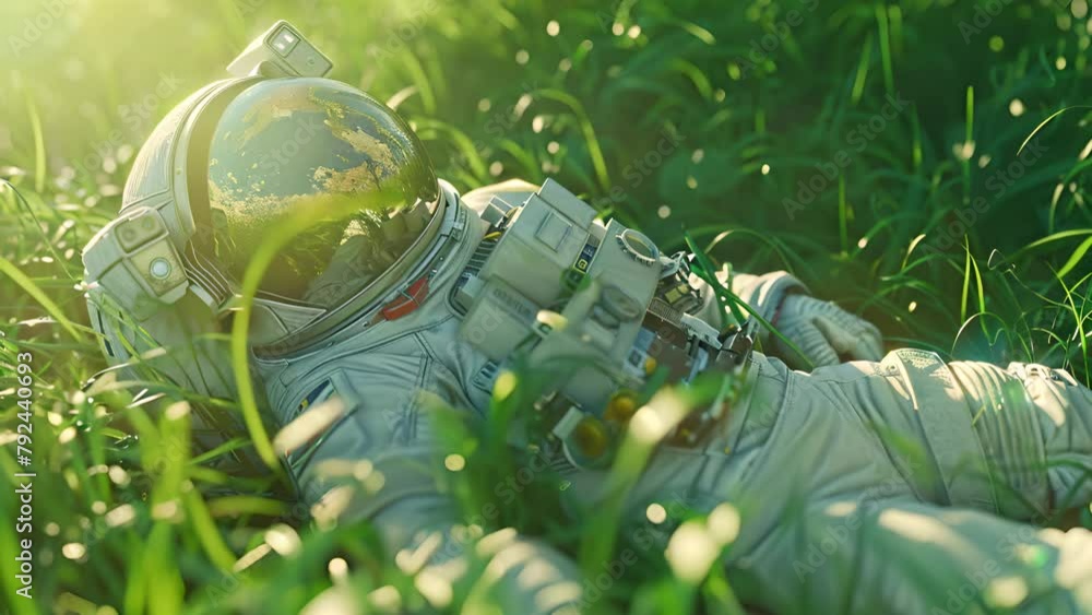 Canvas Prints a man in a spacesuit is laying in a field of grass. the scene is peaceful and serene, with the man a