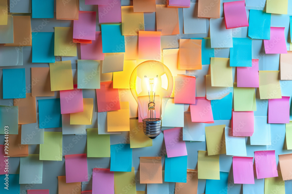 Aufkleber a light bulb is lit up in front colorful sticky notes, brainstorming and solution idea concept.