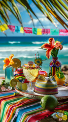 Cinco de Mayo,Mexican colorful summer fiesta party,sombrero hat,maracas margarita cocktail,table colorful Mexican decorations. With the exotic beach Cinco de Mayo as a backdrop,mexican banner.