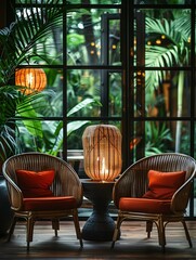 Cozy Tropical Interior with Rattan Chairs and Pendant Light