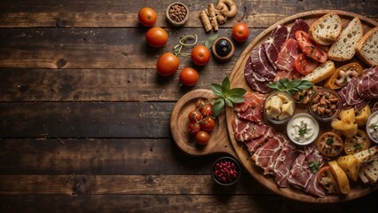 Meat plate and fruits on tray on wooden background