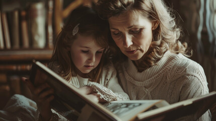 Grandmother and a child are reading a book together - obrazy, fototapety, plakaty