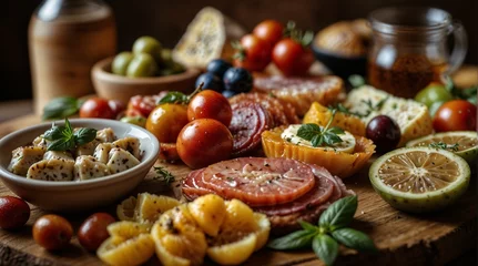 Foto op Plexiglas Meat plate and fruits on tray on wooden background © mischenko