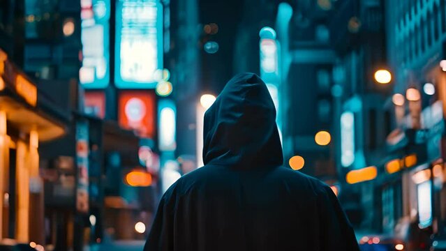 A person is walking down a city street at night, wearing a hoodie. The street is lit up with neon signs and street lights, creating a bright and lively atmosphere. The person appears to be alone