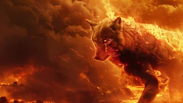 A wolf is standing in a fire with its eyes glowing red. The image has a dark and intense mood, with the fire and the wolf's glowing eyes creating a sense of danger and fear