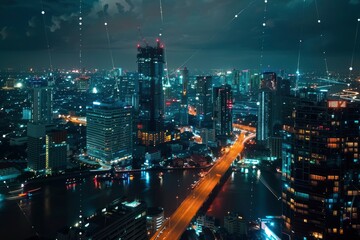 Smart network and Connection technology concept with Bangkok city background at night in Thailand, Panorama view - generative ai
