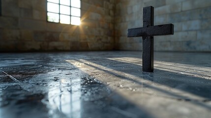 Perspective View of Christian Cross. A titled perspective view of a Christian cross against a clean wall background. Religious Background.