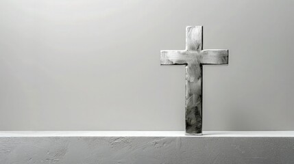 Religious background of a silver cross on a clean white wall background. Religious Background. - obrazy, fototapety, plakaty