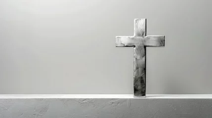 Foto op Plexiglas Religious background of a silver cross on a clean white wall background. Religious Background. © pengedarseni
