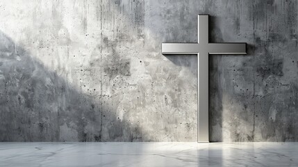 Religious background of a silver cross on a clean white wall background. Religious Background.