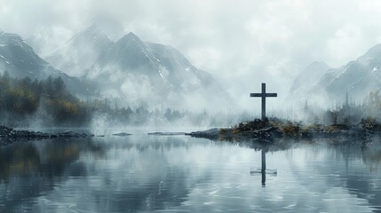 The cross depicted against a backdrop of a tranquil lake at dawn, with mist rising from the water, evoking a sense of peace and spiritual awakening. Religious Background. - obrazy, fototapety, plakaty