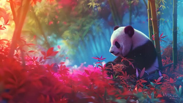A panda bear is sitting in a forest with red leaves. The bear is surrounded by a colorful background, which gives the image a vibrant and lively mood. Concept of peace and tranquility