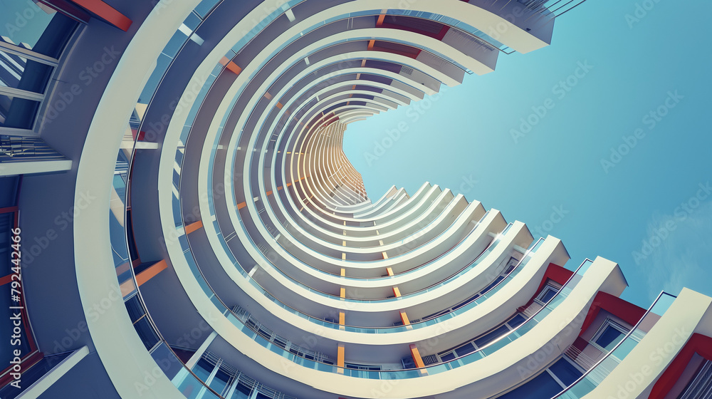 Poster reworked underside view of curvilinear balconies. modern architecture seen from low angle. hi-rise b