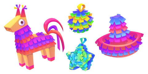 Traditional mexican pinata for birthday party or cinco de mayo festival. Cartoon vector set of colorful paper mache amusement toy with candies and sweets inside in shape of donkey, star and ball.