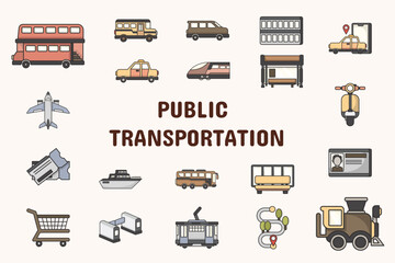 Public Transportation Lineal Color Vector Illustration Icon Sticker Set Design Materials