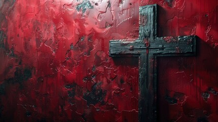 An artistic depiction of a cross against a titled wall, creating a dynamic and visually appealing setting for Christian-themed designs. Religious Background.