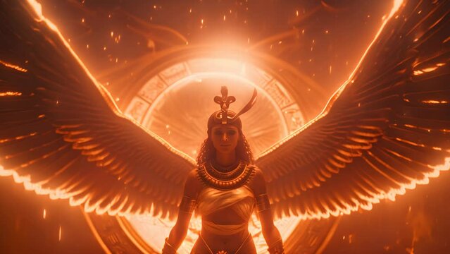 A woman with a golden headdress stands in front of a golden circle. The woman is surrounded by fire, and the scene is set in a temple. Scene is mysterious and powerful