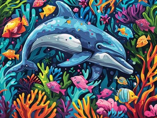 Under the sea pattern featuring playful dolphins, colorful fish, and coral in a bright, popart style, with blues, greens, and pinks, including animated sea creatures, magical and inviting