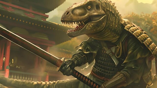 A dinosaur with a sword is depicted in a painting. The dinosaur is wearing a samurai outfit and he is in a battle