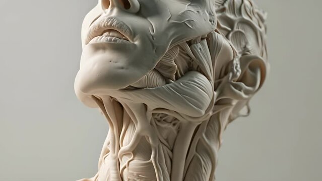 A white sculpture of a human head with a face and neck. The head is made of clay and has a very realistic appearance