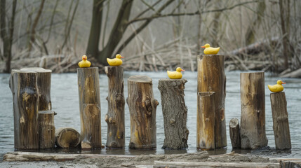 Fototapeta na wymiar A row of wooden stumps with yellow rubber ducks on top, standing in the water near the river bank.