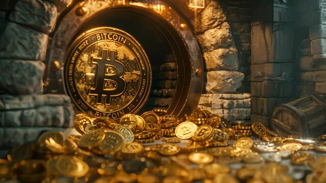 A large gold bitcoin vault on it sits in a pile of gold coins. The scene is set in a dark, mysterious room with a stone wall. Scene is one of wealth and power